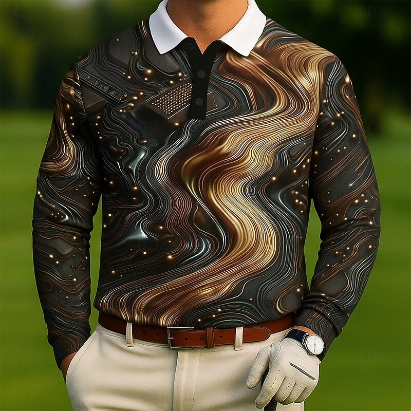 Men's Geometic Golf Polo Long Sleeve Polo Shirts Lapel Casual Outdoor Athleisure Daily Wear 3D Print Buttons Spring Fall Winter Lake blue White Blue2