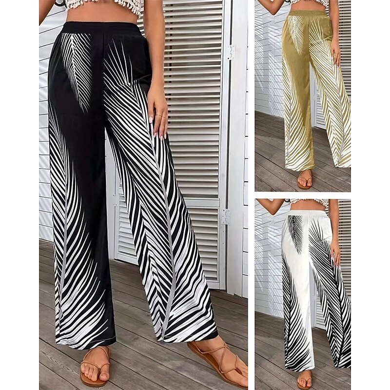 Women's Culottes Wide Leg Chinos Fashion Streetwear Full Length Medium Waist Leaf Elastic Waist Stripe Comfortable Micro-elastic Outdoor Vacation Street Black Grey White / Black Khaki Summer Spring
