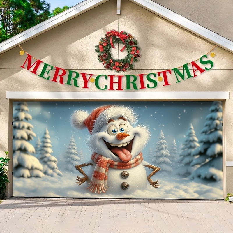 Christmas Garage Door Cover 2025 Xmas Snowman and Birds Winter Scene Backdrop Banner, Merry Christmas Garage Decoration for Holiday Outdoor Yard Party3