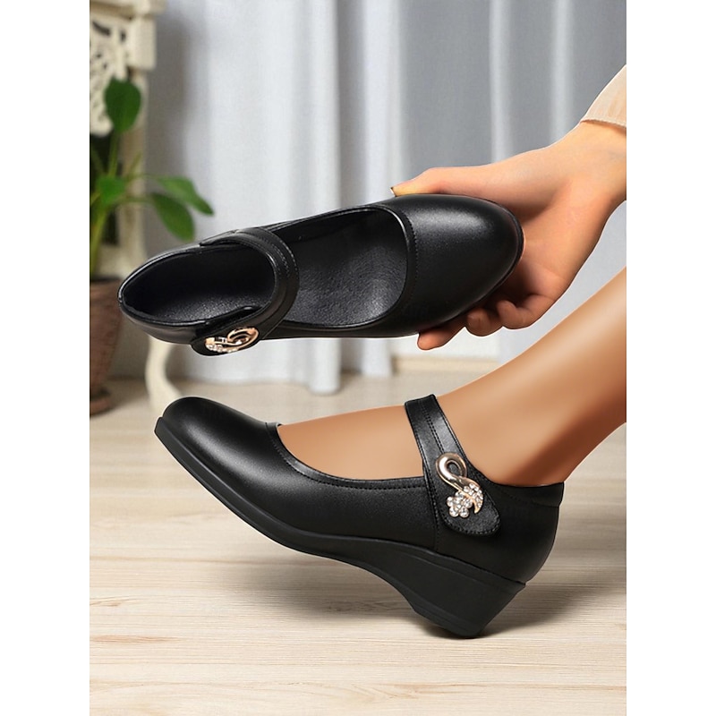 Women's Comfort Mary Jane Work Shoes with Low Wedge Heel - Black & Brown Faux Leather Office Flats with Decorative Buckle for Daily Walking, Long Hours Standing and Indoor Workwear4