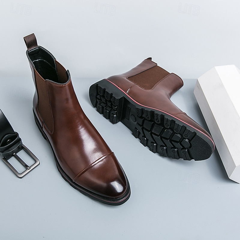 Men's Brown Faux Leather Chelsea Boots – Classic Round Toe Slip-On Ankle Boots with Comfortable Sole, Stylish Dress Shoes for Work, Business and Formal Events3