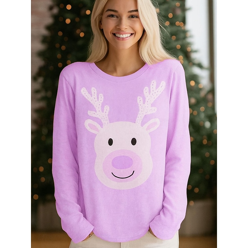 Christmas Women's T Shirt Graphic Reindeer Vintage Fashion Stylish Long Sleeve Crew Neck Regular Tops Daily Weekend Print Pink Blue Purple Green Spring Fall Winter2