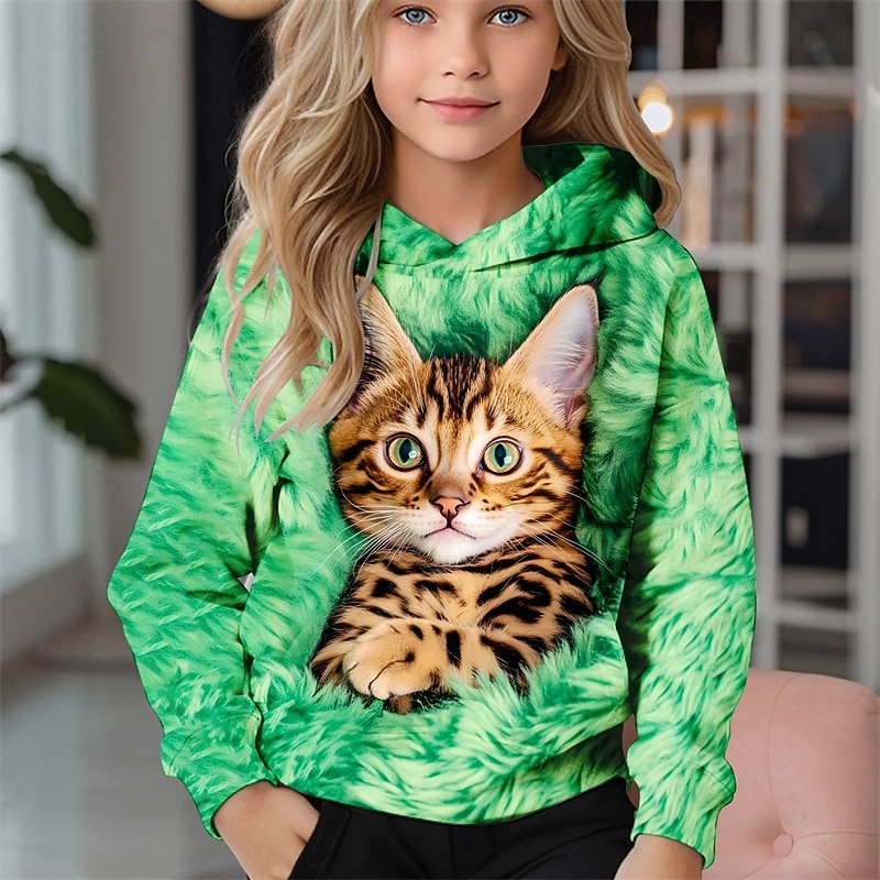 Girls' 3D Cat Hoodie Long Sleeve Fall Winter Fashion Adorable Basic Kids 4-12 Years Hooded Outdoor Casual Daily Regular Fit3