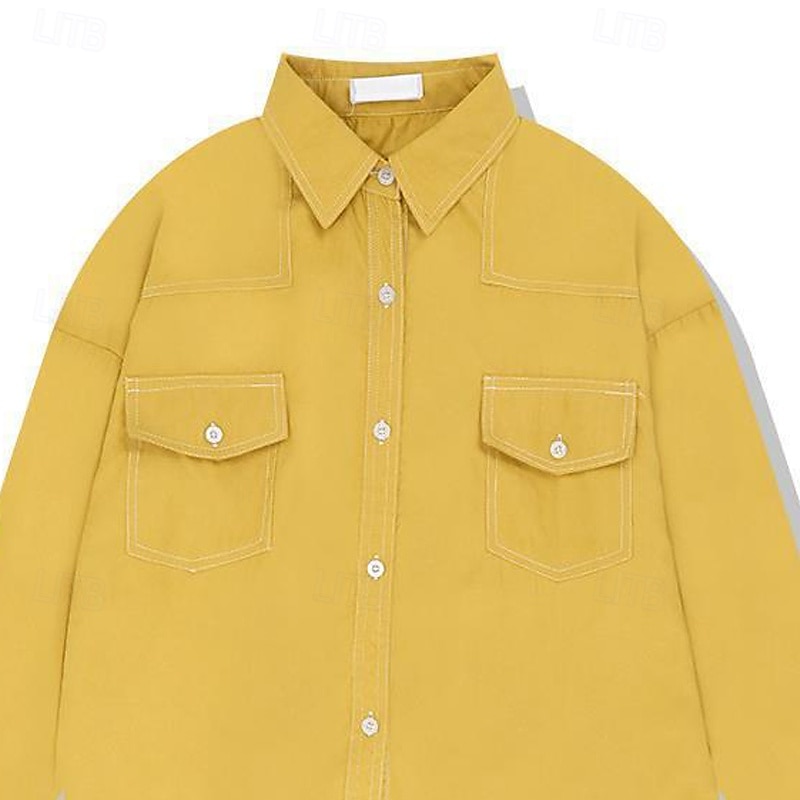 Women's Shirt Blouse Plain Vintage Stylish Long Sleeve Shirt Collar Regular Tops Holiday Going out Pocket Buttons Yellow Spring Fall2