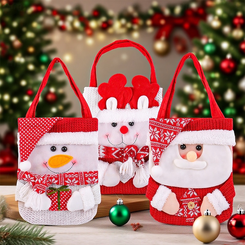 Christmas Knitted Gift Bag Cute Cartoon Red Scarf Snowman Santa Claus Candy Tote Bag Holiday Party Decoration Reusable Christmas Present Bags Home Decor