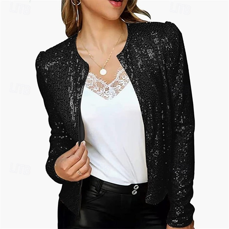 Women's Casual Jacket Comfortable Breathable Sequin Fashion Daily Plain Outdoor Casual Daily Short Collarless Regular Fit Long Sleeve Outerwear Silver Rose Gold Black Spring Fall4