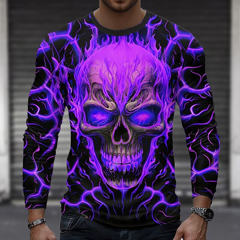 Halloween Men's Skull Hellfire Flames T Shirt Long Sleeve T shirt 3D Print Crew Neck Shirt Fashion Exaggerated Street Casual Daily Yellow Purple Green Summer Spring Fall Clothing Apparel S M L XL XXL3