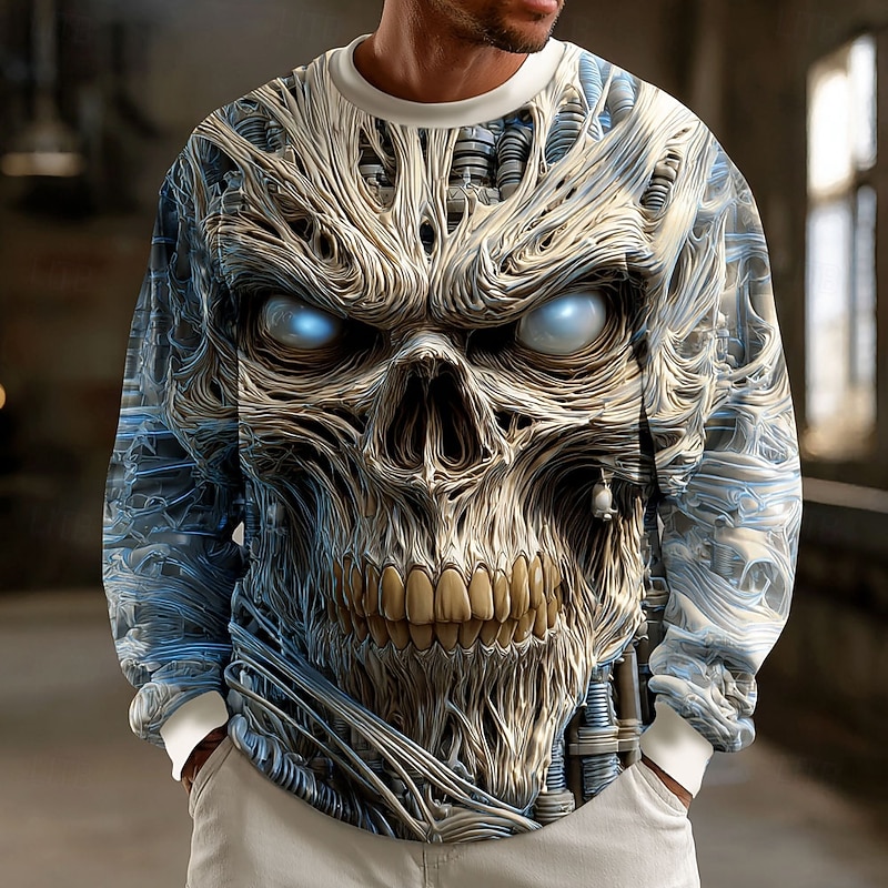 Halloween Men's Skull 3D Reaper Sweatshirt Punk Party Crew Neck Vacation Blue Sky Blue Crewneck 3D All Seasons Designer
