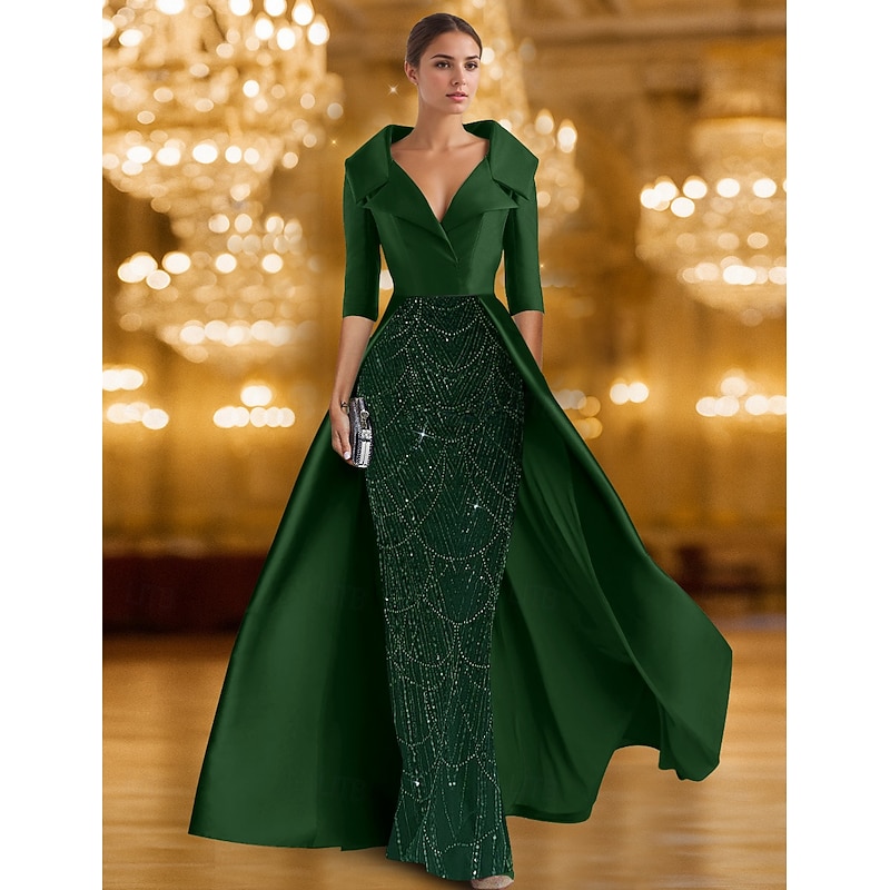 Black Gold A-Line Evening Gown Elegant Formal Dress Formal Wedding Floor Length Half Sleeve Shirt Collar Stretch Satin with Glitter Sequin 2025