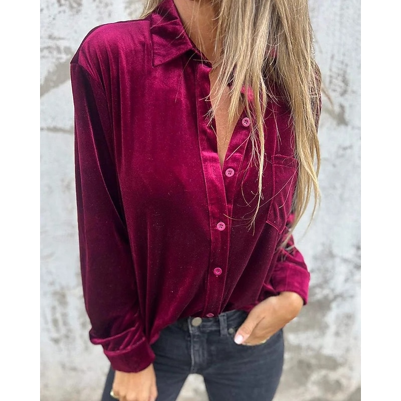 Women's Shirt Blouse Plain Modern Long Sleeve Shirt Collar Regular Tops Holiday Going out Pocket Buttons Wine Army Green Light Brown Purple Summer Spring Fall3