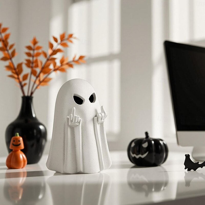 Halloween Middle Finger Ghost Night Light Cute Spooky Ghost Statue Vintage Gothic Resin Statue for Party, Home, Indoor & Porch Halloween Decoration2