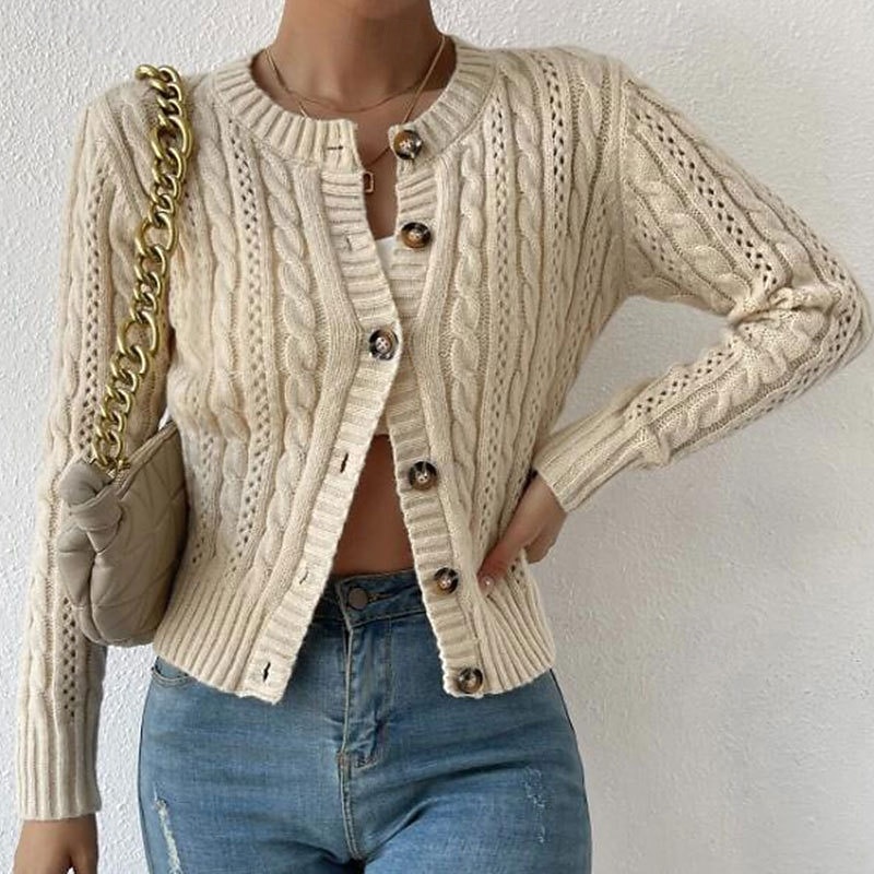 Women's Sweater Cardigan Streetwear Casual Solid Color Cable Crew Neck Buttons Knitted Long Sleeve Regular Tops Knit Daily Going out Weekend Brown Apricot Fall Winter - Main Image