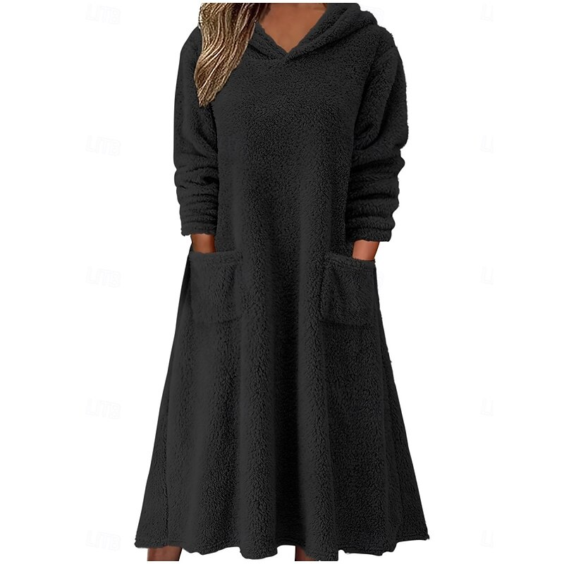 Women's Midi Dress A Line Dress Fit And Flare Dress Casual Daily Loose Fit Plain Long Sleeve Hooded Black Wine Brown Army Green Fall Winter3