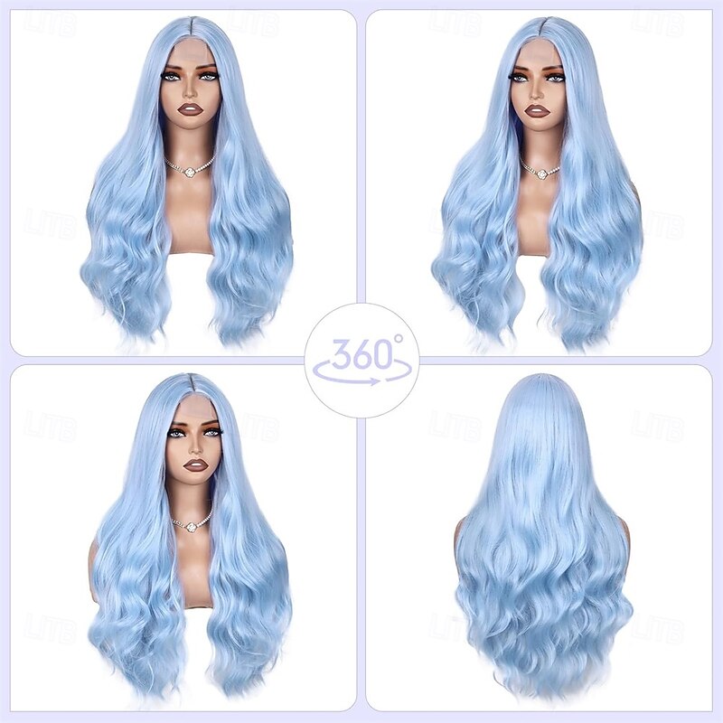 Blue Wig Long Light Blue Wig for WomenHeat-Resistant Synthetic Fiber3D Full WaveFashion Color for Cosplay&Daily Use3