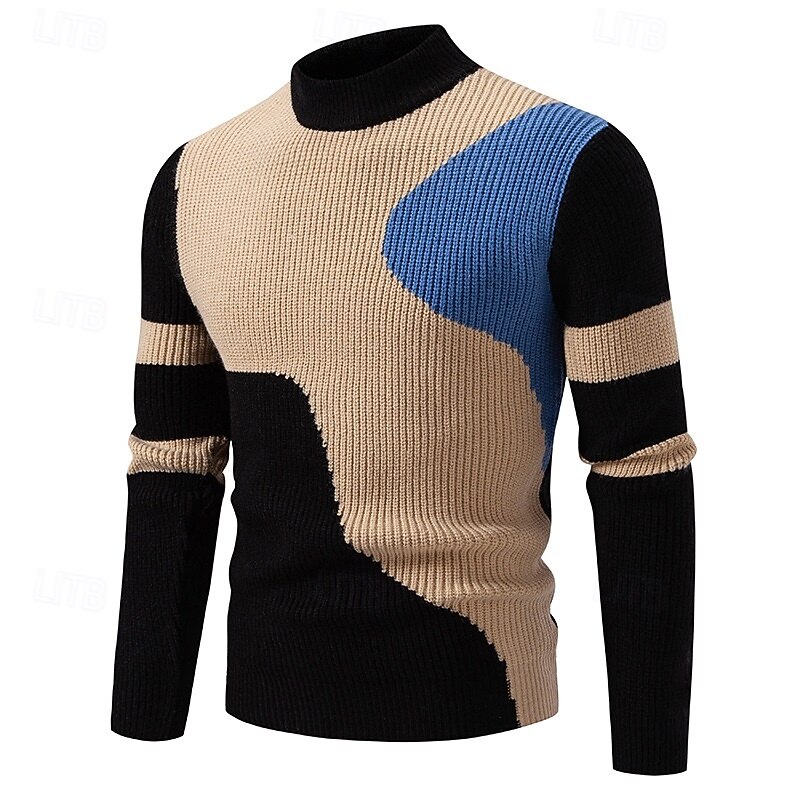 Men's Sweater Pullover Sweater Jumper Ribbed Knit Regular Tops Patchwork Color Block Color Block High Neck Knitwear Contemporary Casual Daily Wear Clothing Apparel Fall Black Green M L XL2