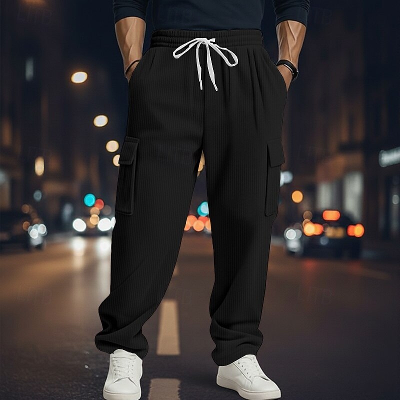 Men's Cargo Pants Trousers Corduroy Pants Casual Pants Drawstring Multi Pocket Plain Comfort Full Length Outdoor Daily Streetwear Fashion Classic Style Black Navy Blue Inelastic2