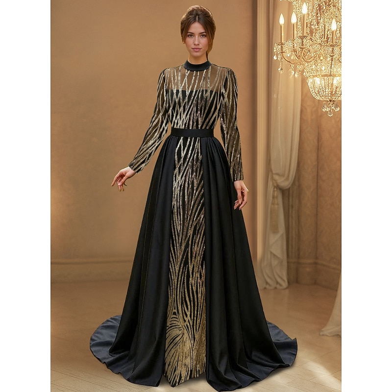 Black and Gold Sequin A-Line Evening Gown with Detachable Overskirt Elegant Dress Formal Wedding Sweep / Brush Train Long Sleeve High Neck Satin with Pleats 2025