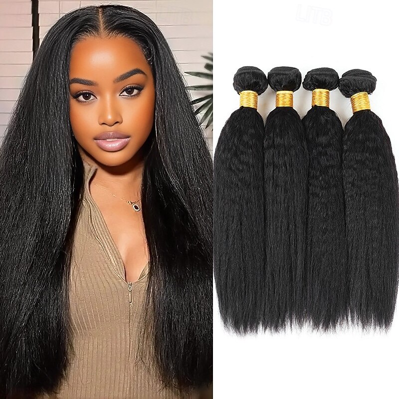 Yaki Straight Bundles Human Hair 10-30 Inch 4 Bundles Natural Black Brazilian Human Hair Extensions for Women