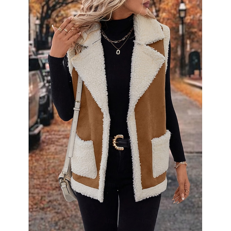 Women's Sherpa Jacket Comfortable Breathable Patchwork Casual Color Block Vacation Street Casual Daily Wear Open Front Short Notch Lapel Regular Fit Sleeveless Outerwear Black Khaki Spring Fall