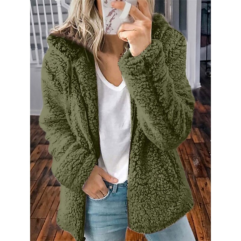 Women's Teddy Coat Comfortable Breathable Pocket Casual Plain Vacation Street Casual Daily Wear Zipper Regular Hooded Regular Fit Long Sleeve Outerwear Pink Red Blue Spring Fall3