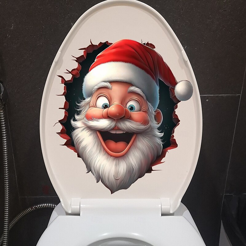 Christmas Sticker Wall Decals 3D Cartoon Creative Broken Wall Santa Claus Toilet Lid Removable Self Adhesive Vinyl Mural Bathroom Wall Decoration Holiday Party Fun Home Decor2