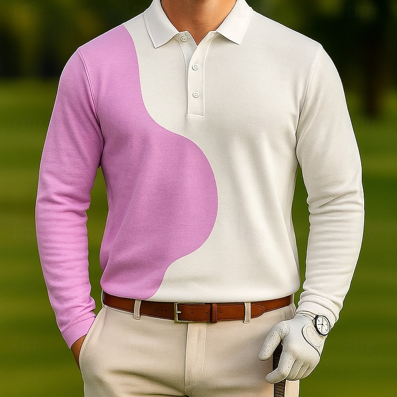 Men's Color Block Polo Long Sleeve Polo Shirts Lapel Casual Outdoor Athleisure Daily Wear 3D Print Buttons Spring Fall Winter White Pink Green2