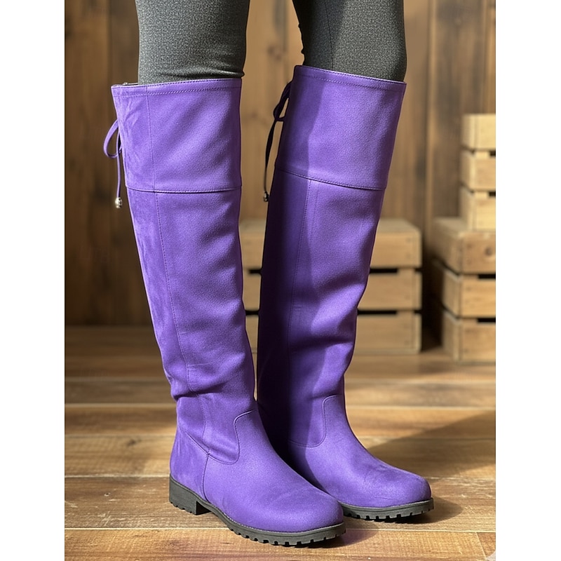 Women's Purple Over-the-Knee Suede Boots with Flat Heel - Stylish and Comfortable for Winter Casual Wear