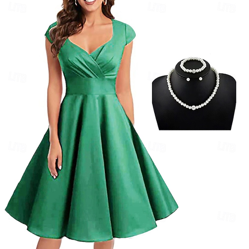 Retro Vintage 1950s Rockabilly A-Line Dress Flare Dress Solid Colored Fancy Dress Women's Party / Evening Masquerade Bachelorette Party Adults' Dress Earrings Headwear Spring & Summer4