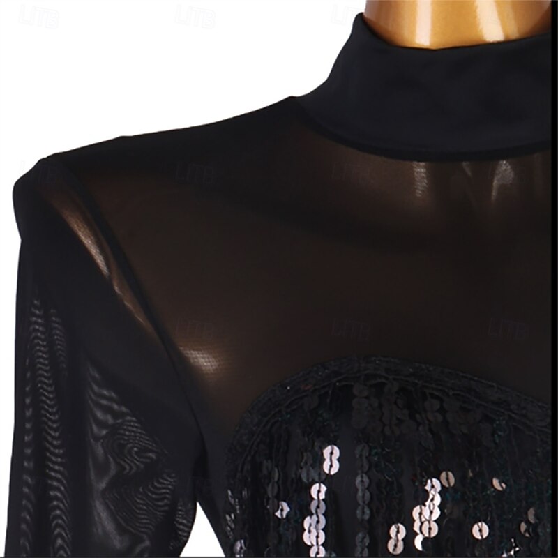 Women's Black Ballroom Dance Dress with Sequin Detail, Long Sleeves, and Flared Skirt – Perfect for Latin, Tango, and Performance Wear3