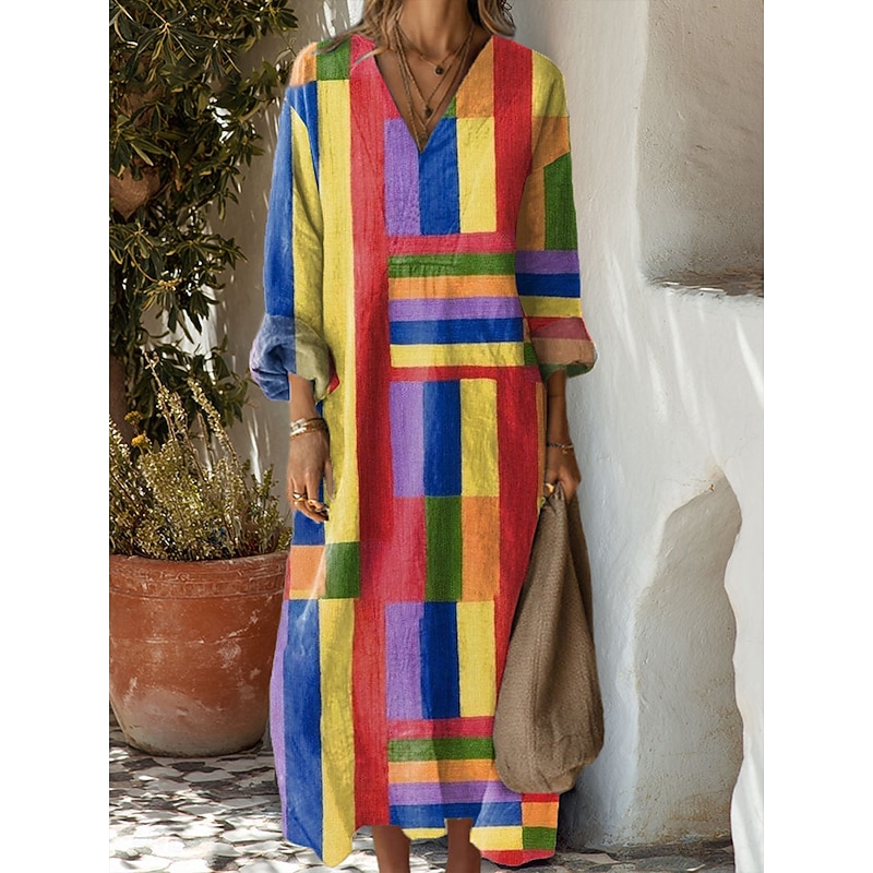 Women's Midi Dress Shift Dress Vacation Casual Boho Going out Beach Loose Fit Floral Graphic Long Sleeve V Neck Yellow Pink Blue Green Spring Fall Winter2