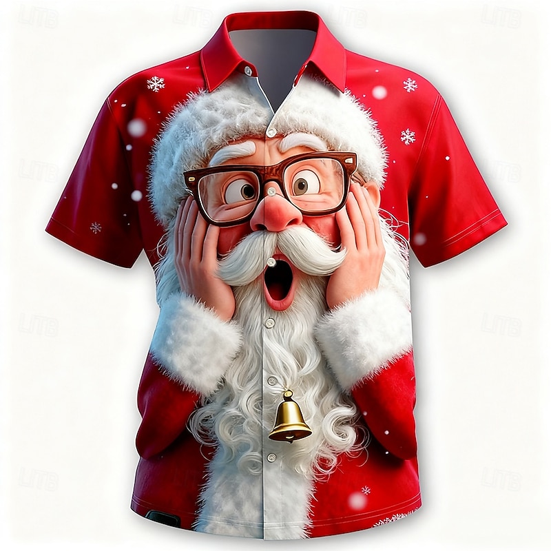 Christmas Men's Santa Claus Smile Face funny christmas Shirt Button Up Shirt Short Sleeve Funny Outdoor Holiday Summer Spring Turndown 3D Print Collared Shirts Red 1 Red Red 2