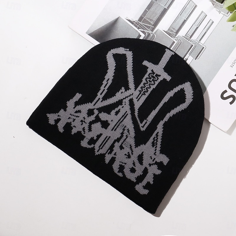 Men's Unisex Beanie Hat Winter Hats Beanies Knit Hat Winter Beanie Light Blue Black Acrylic Fibers Jacquard Knitted Cozy Halloween Daily Wear Festival Patterned Warm