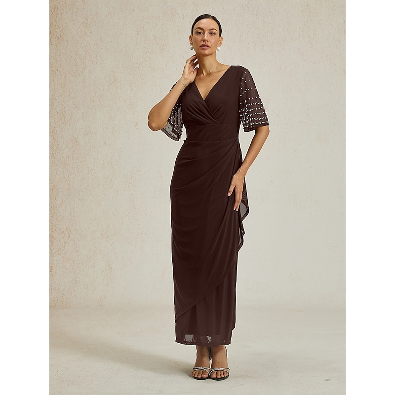 Women's Maxi Dress Sheath Dress Elegant Solid Color Short Sleeve V Neck Brown Summer Spring Fall2