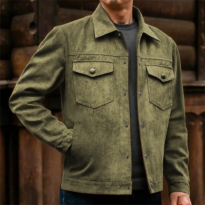 Men's Trucker Jacket Faux Suede Jacket Cargo Jacket Vacation Daily Breathable Pocket Spring Fall Plain Fashion Classic Lapel Regular Black Khaki Army Green Jacket3