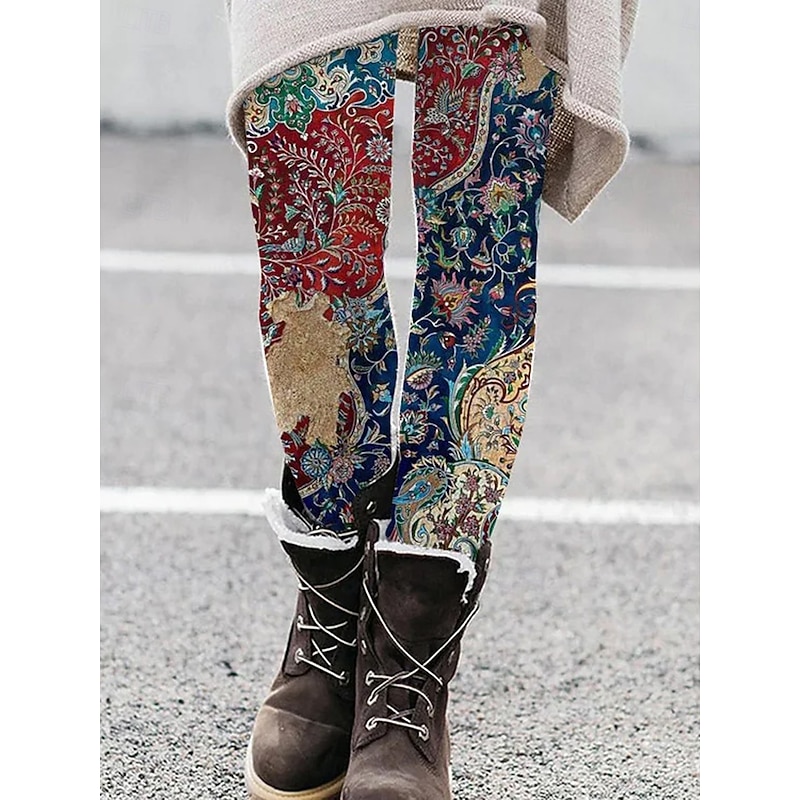 Women's Leggings Vacation Vintage Fashion Full Length High Waist Graphic Geometric Printing Thermal Warm Soft Breathable Stretchy Formal Outdoor Vacation Camel Red Navy Blue Royal Blue Spring Fall2