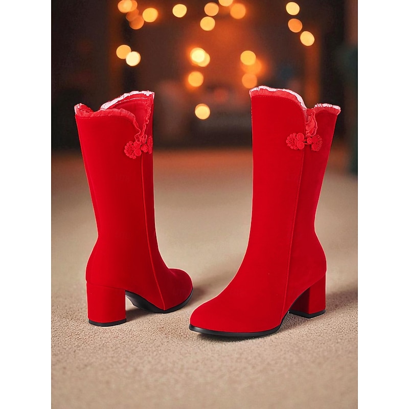 Women's Red Mid-Calf Boots with Side Zipper, Block Heel and Floral Trim – Elegant Winter Dress Boots for Christmas, Holiday Parties and Formal Occasions2