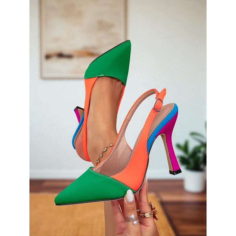 Women's Colorblock Slingback Stiletto Heels - Vibrant Pointed Toe Pumps for Party Nights, Fashion Events and Bold Streetwear Looks4