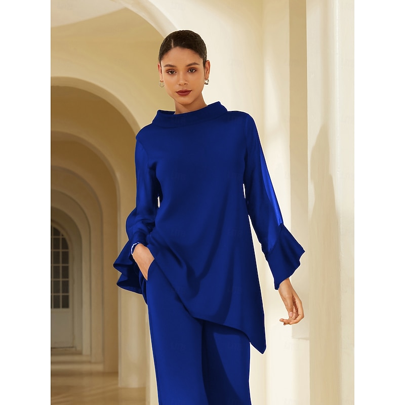 Women's Royal Blue Solid Chiffon Tencel Roma Patchwork Ruffle Three Quarter Sleeve Stand Collar Blouse
