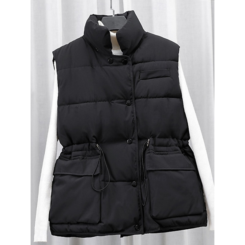 Women's Casual Jacket Comfortable Breathable Pocket Buttons Casual Plain Vacation Street Casual Daily Wear Single Breasted Short Stand Collar Regular Fit Sleeveless Outerwear Black Beige Coffee3