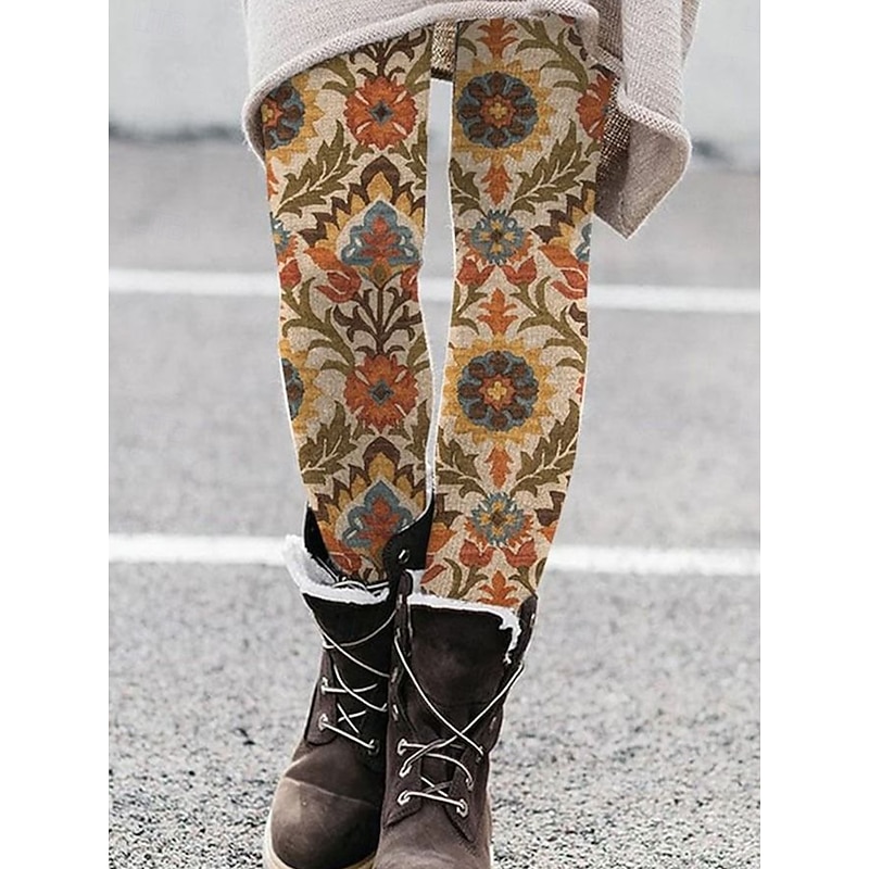 Women's Leggings Vintage Fashion Streetwear Full Length High Waist Graphic Geometric Pattern Printing Thermal Warm Soft Breathable Stretchy Outdoor Vacation Street Yellow Blue Brown Khaki Spring Fall
