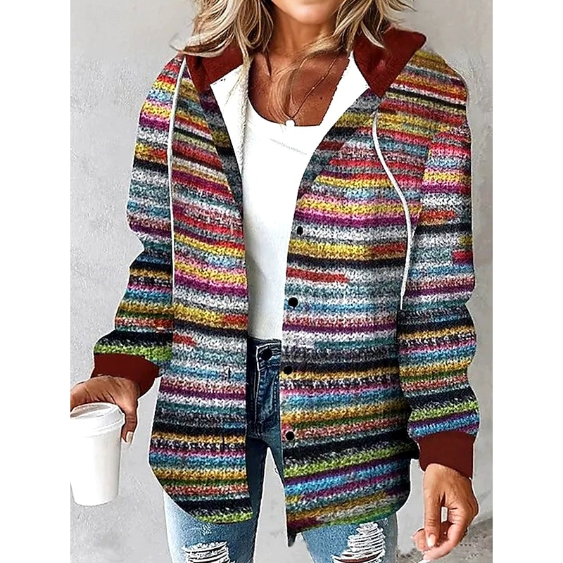 Women's Pullover Hoodie Sweatshirt Graphic Geometric Striped Casual Boho Long Sleeve Hooded Regular Tops Street Dailywear Casual Print Maroon Brown Gray Fall Winter
