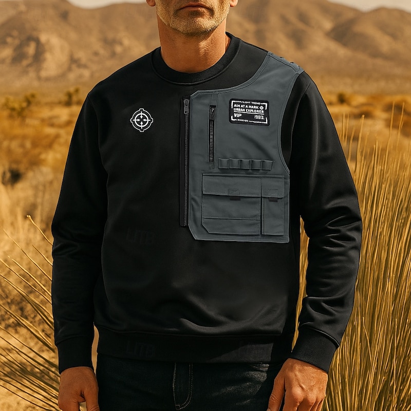 Men's Sweatshirt Zip Up Sweatshirt Tactical Hoodie Black Crew Neck Plain Patchwork Zipper Sports & Outdoor Casual Daily Streetwear Cool Sportswear Spring &  Fall Clothing Apparel Hoodies Sweatshirts