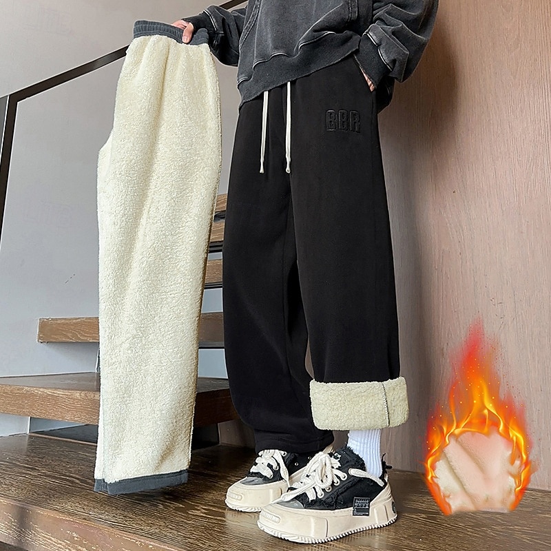 Men's Winter Sweatpants Shrepa Fleece Pants Thick with Pockets Bottoms Athleisure Gym Workout Windproof Warm Gym Outdoor Running Regular Fit Sportswear Activewear Solid Colored Black White+Black3