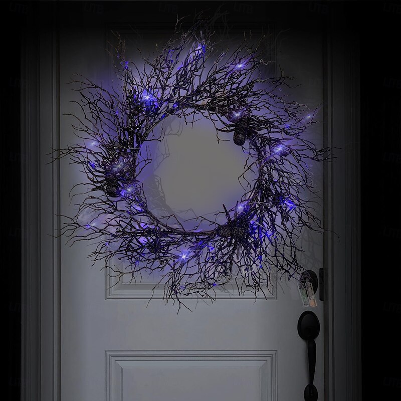 Halloween Wreaths for Front Door with LED, Spooky Ghost Eyes Black Branch Skeleton Pumpkin Halloween Decor Indoor, Halloween Door Wreath for Window Party Farmhouse Indoor Home