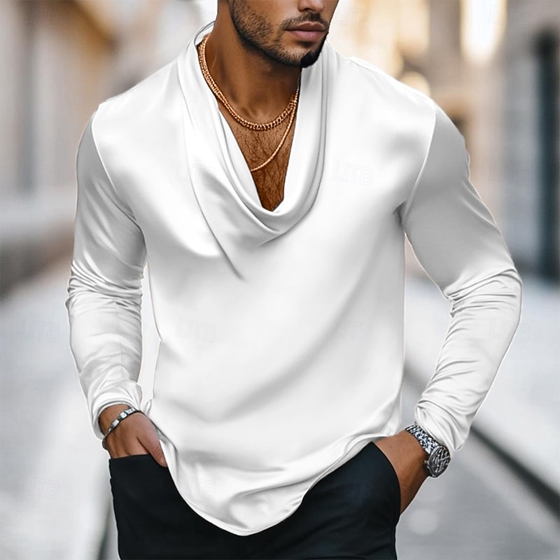 Men's Shirt Silk Like Satin Shirt Casual Shirt Plain Formal Wedding Black White Blue Purple Long Sleeve Cowl Neck Spring &  Fall All Seasons Clothing Apparel Ruched