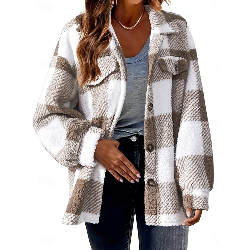 Women's Sherpa Jacket Casual Jacket Comfortable Breathable Pocket Buttons Print Casual Plaid Vacation Street Casual Daily Wear Single Breasted Regular Turndown Regular Fit Long Sleeve Outerwear Black4