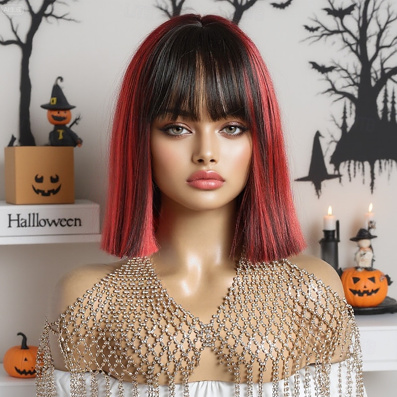 Synthetic Wig Straight Natural Straight Middle Part Neat Bang Wig 12 inch Black / Red Synthetic Hair 12 inch Women's Soft Comfy Mixed Color2