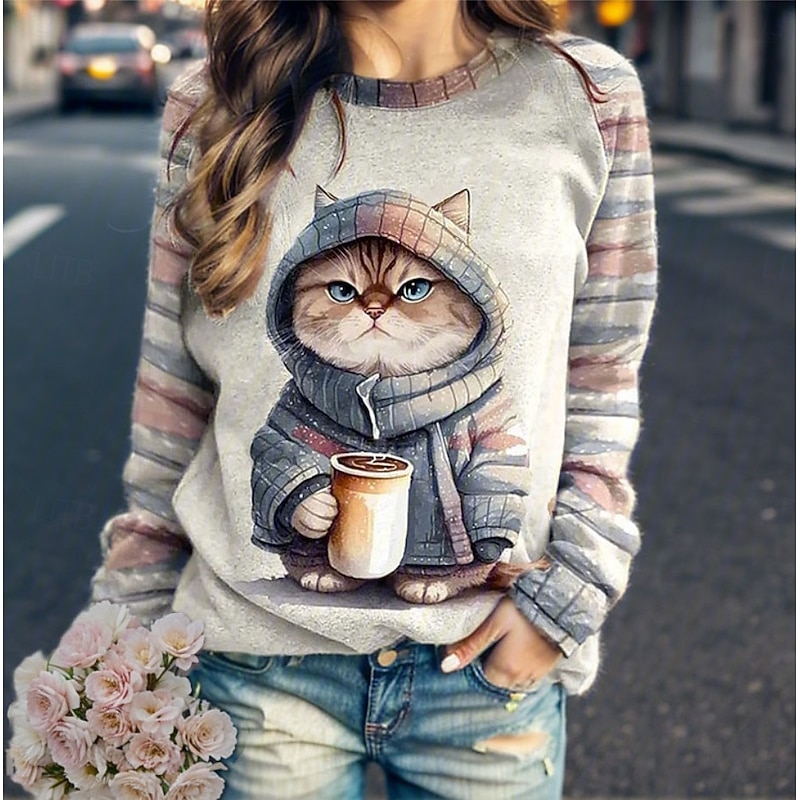 Women's Pullover Graphic Animal Cat Casual Long Sleeve Crew Neck Regular Tops Casual Pink Blue Purple Fuchsia Green Fall Winter