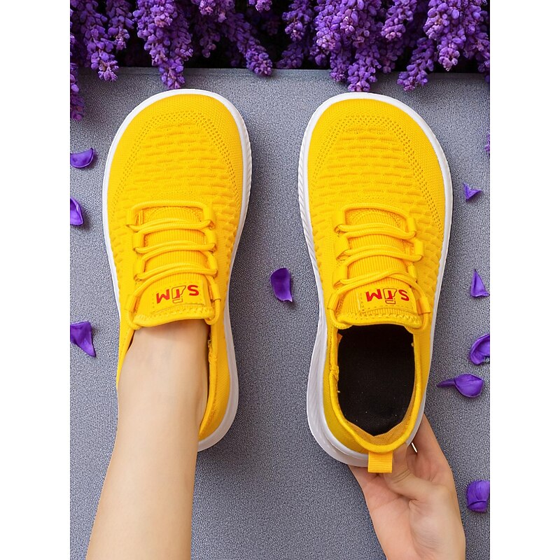 Women's Wide Width Yellow Flyknit Sneakers, Lightweight Casual Walking Shoes for Sports and Streetwear