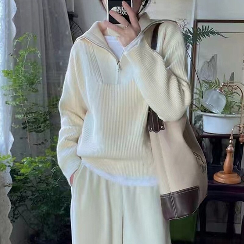 Women's Sweater Fashion Streetwear Casual Solid Color Ribbed Half Zip Knitted Long Sleeve Regular Tops Knit Outdoor Daily Weekend Beige Fall Winter3